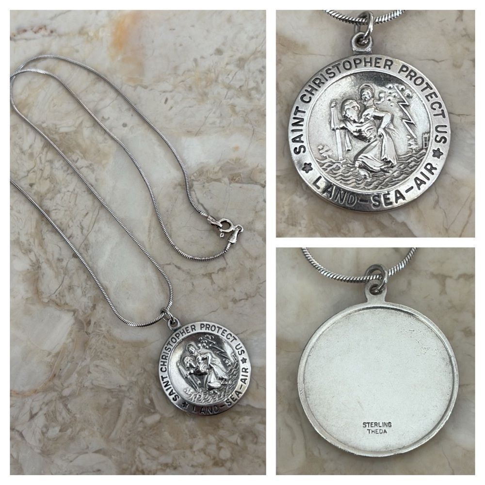 Rare Vintage Theda Sterling Silver St. Christopher Medal & Chain Unisex